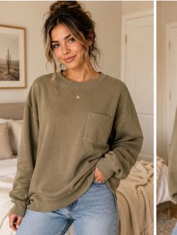 Olive/Taupe Women's Loose Fit Pocket Crewneck Sweatshirt