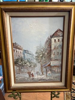 BURNETT ORIGINAL OIL PAINTING PARIS STREET SCENE 17.5”x21.5”