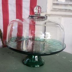 Vintage Anchor Hocking Teal Color Pedestal Cake Plate W/ Lid 