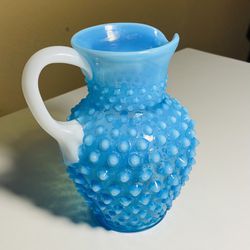 Rare Vintage Fenton Glass Hobnail Blue Opalescent 5 3/4” inch Pitcher.. With Rare White Milk Glass Handle ..Beautiful Condition Beautiful 