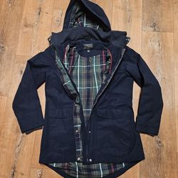 Pendleton Plaid Lined With Removable Hood Rain Jacket Womens Large Navy Full Zip
