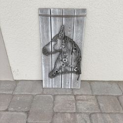 Scrap Metal Horse Head Art W/ Wood 