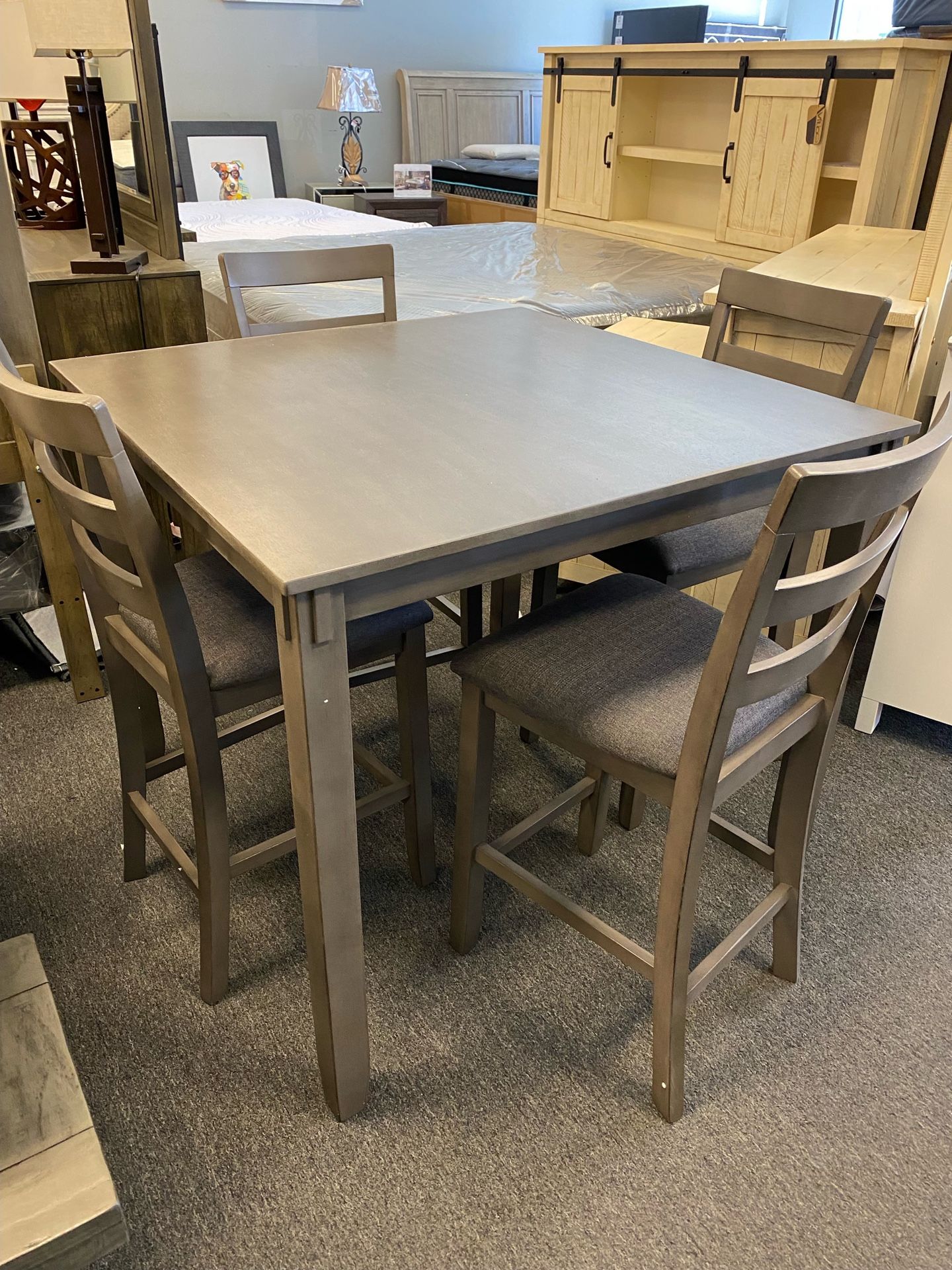 5pc Dining Set Pub/Counter height gray table and 4 chairs $450 