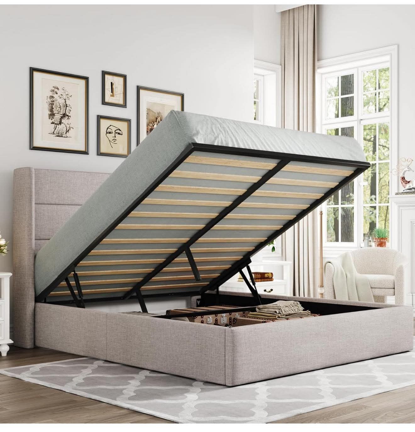 Queen Size Lift Up Storage Bed, (small cosmetic damage on foot board) Light Beige