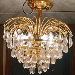 Luminaire Gold Metal Crystal Waterfall Chandelier Vintage MCM Hollywood Regency