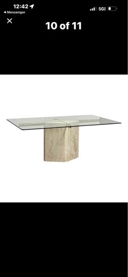 7-Piece Postmodern Travertine Glass Dining Table & Clear Ghost Chairs Set