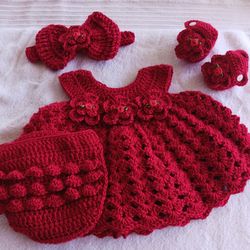 Crochet Baby Girl Red Rosebud Headband Heirloom Dress Set Photo Prop Shipping Available