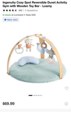 Ingenuity Cozy Spot Reversible Duvet Activity Gym & Play Mat with Wooden Toy bar - Loamy, Newborn and up