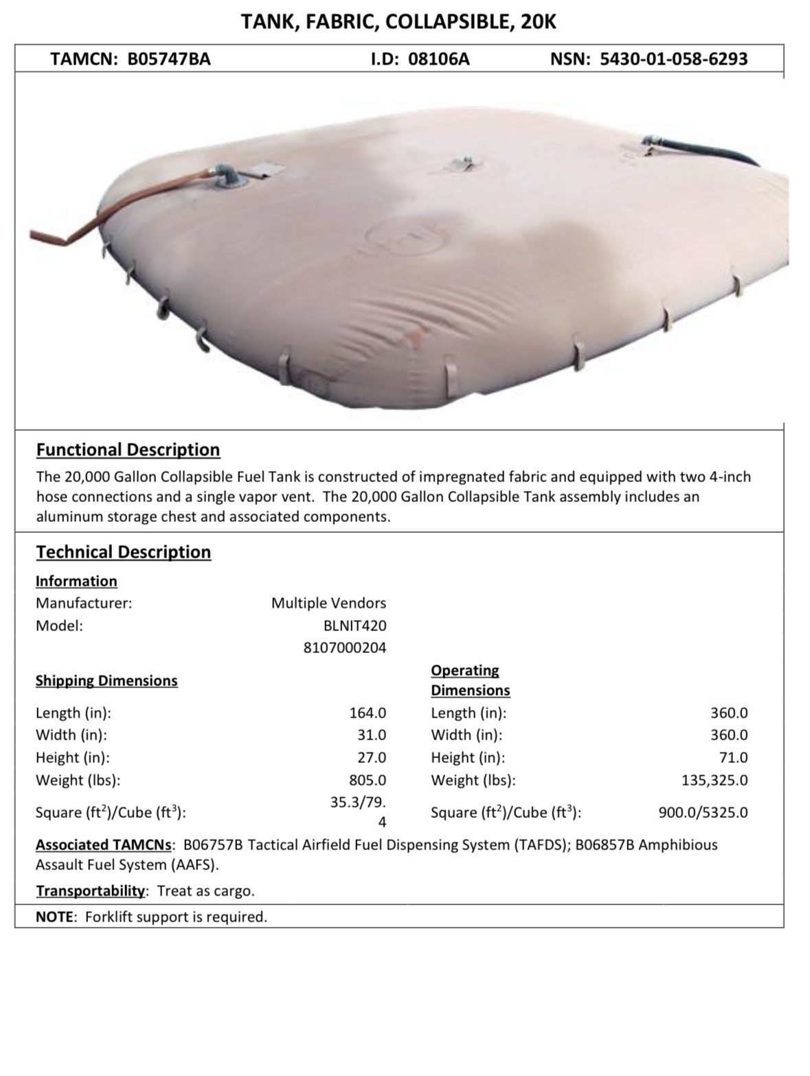 Fuel / Water Bladder Tank 20k Gallon 