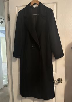 Women's 100% Pure Wool USA True Black Long Overcoat Trench Coat Jacket Large L
