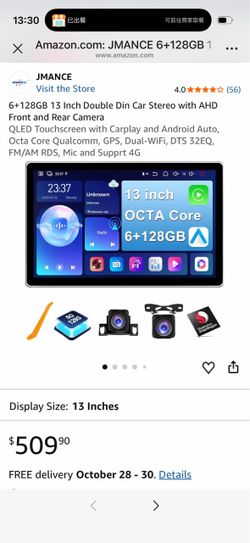 6+128GB 13 Inch Double Din Car Stereo with AHD Front and Rear Camera QLED Touchscreen with Carplay and Android Auto, Octa Core Qualcomm, GPS, Dual-WiF