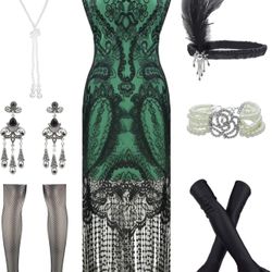 SMALL Womens Vintage Lace Fringed Gatsby 1920s Cocktail Dress with 20s Accessories Set