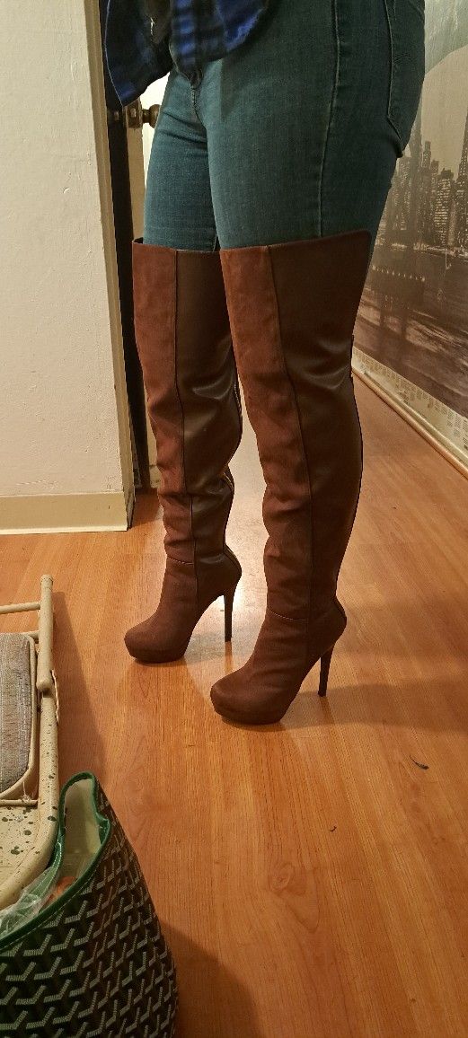 Faux Leather/suade Brown Thigh High Boots (Wide Calf)