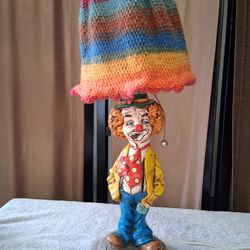 Vintage Ceramic Clown Table Lamp with Rainbow Crochet Shade