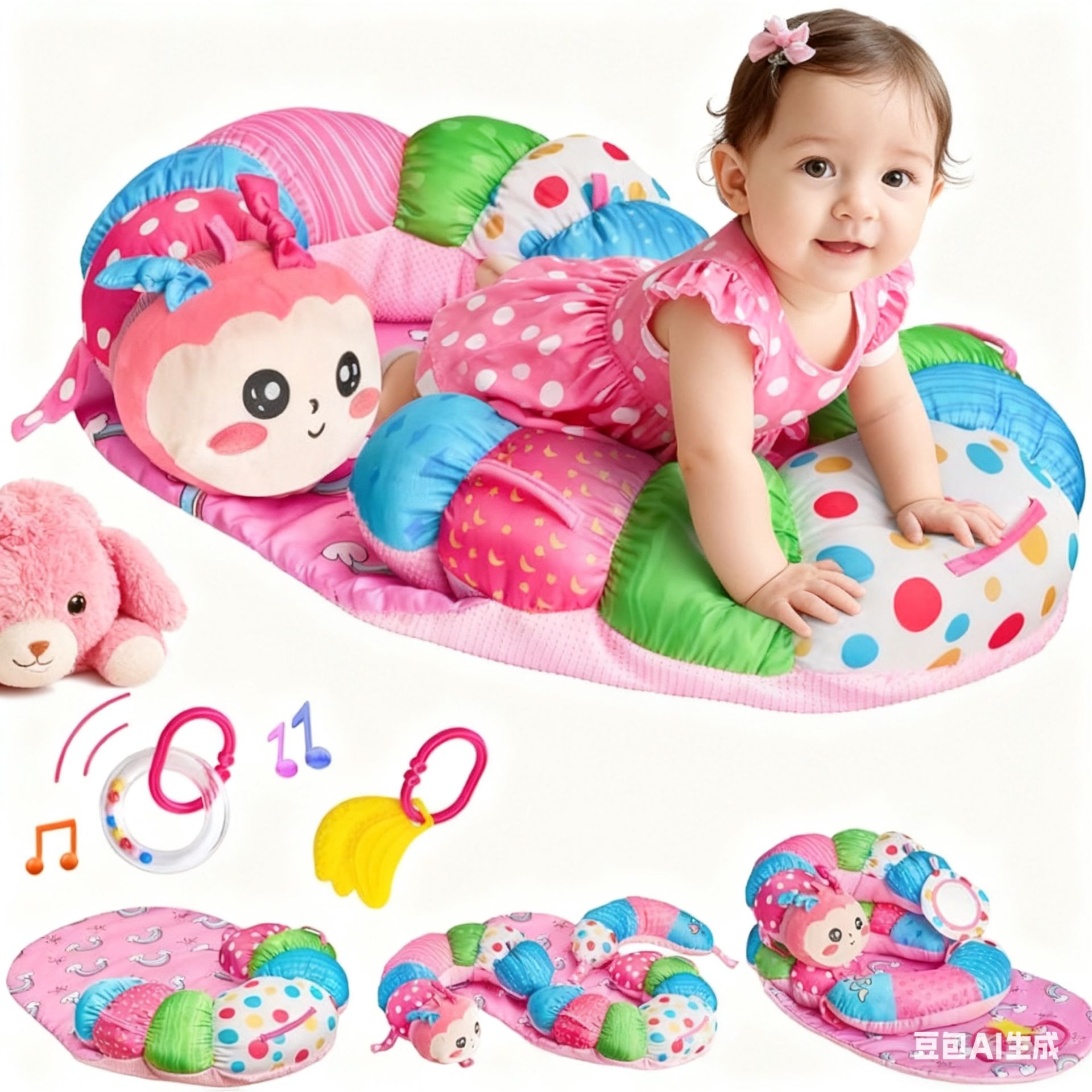 3-in-1 Tummy Time Pillow for Baby 0-12Months, Detachable Caterpillar Tummy Time Playmat for Newborns