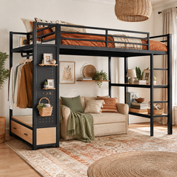 Lilwen Queen Size Metal Loft Bed with Open Wardrobe, Pegboard and Storage Drawers