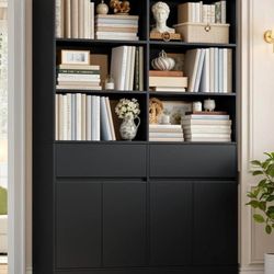 🖤 Large Bookcase w/ Drawers & Cabinet Doors – 69" Tall | Home Office Storage