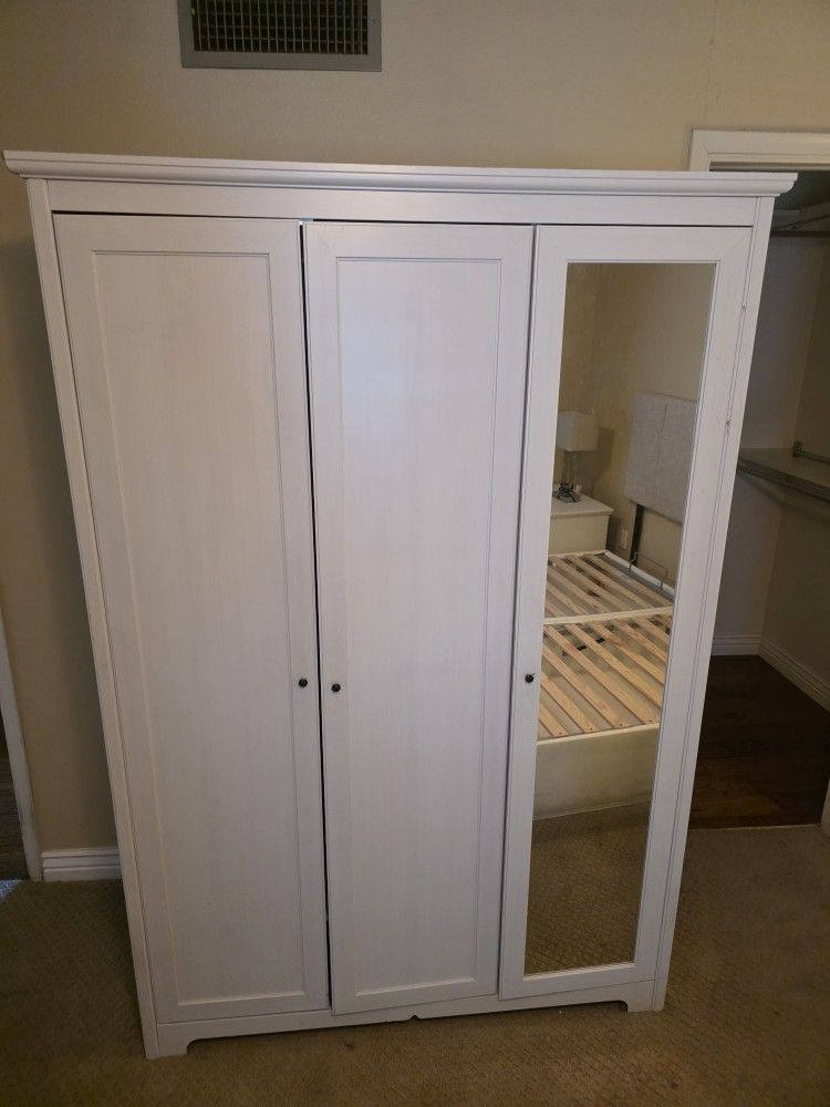 Armoire With Clothes Hanger, Shelves and Mirror 