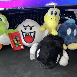 Super Mario Plushies Set - Yoshi, Boo, Koopa, Bullet Bill, Bob-omb