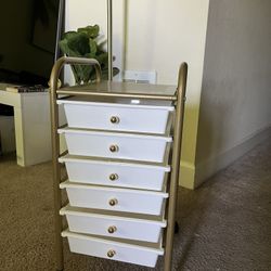 White & Gold Trolly Drawer Cart Rolling Storage 6 Drawers 