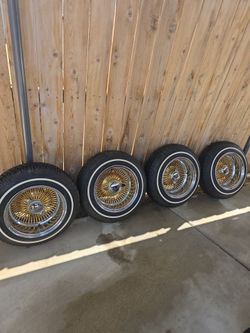 13" Gold Wire Spoke Wheels with Whitewall Tires – Set of 4