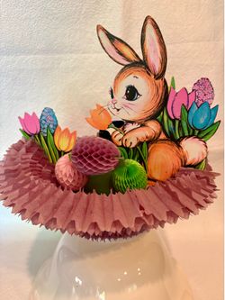 Vintage 1973 Beistle Easter Bunny Honey Comb Basket w/6. Eggs Centerpiece Decor