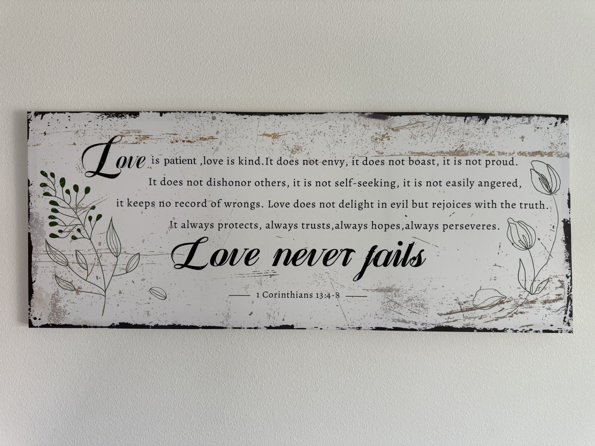 Rustic “Love Never Fails” Wall Art – 1 Corinthians 13:4-8