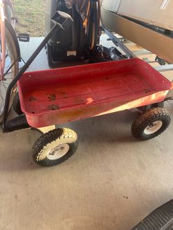 Red Metal Utility Wagon with Pneumatic Tires