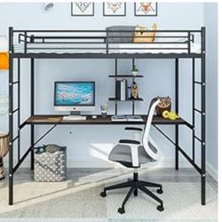 Black Metal Loft Twin Bed With Full Desk And Shelves