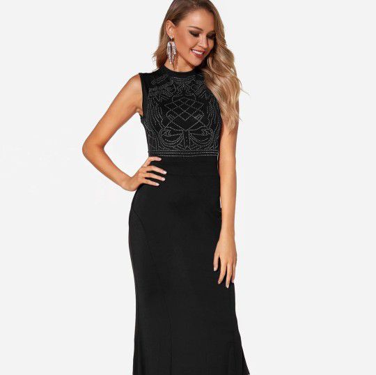 Black Rhinestone Classy Long Dress