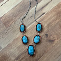 159gr Turquoise & Coral Sterling Silver Necklace 