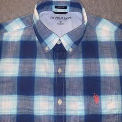 US Polo Assn Shirt Size Medium Tartan Plaid Blue Short Sleeve Stretch 🏇