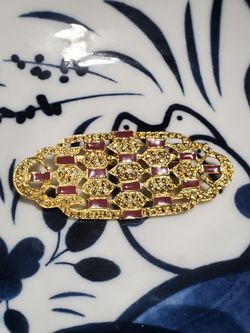 Vintage Art Deco Revival Gold Tone Burgundy Enamel Marcasite Style Brooch Pin