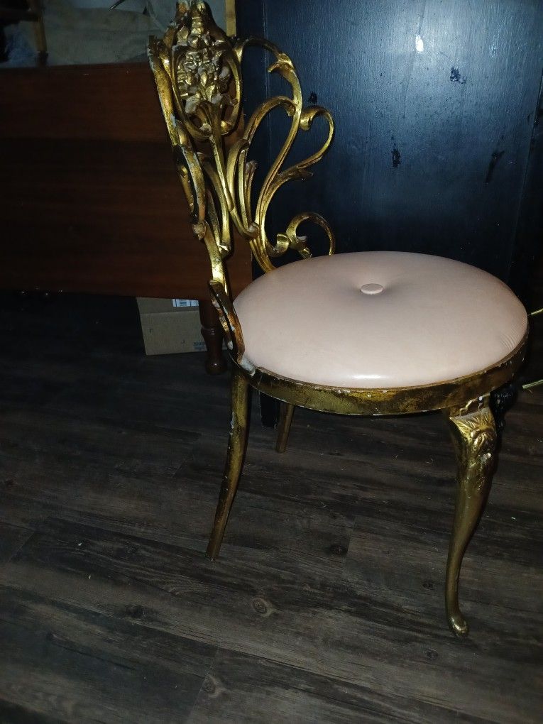Antique Or Vintage Gold Painted Cast Iron Framed Drssing Room Table Chair