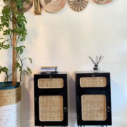 Black Cane Accent Cabinet with Drawer – Modern Boho Style