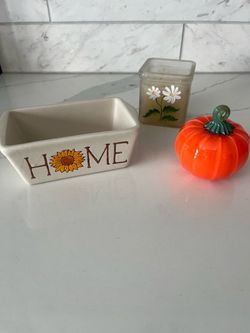 Ceramic Sunflower Dish, Candle & Blown Glass Pumpkin