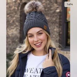 Panache Dark Grey Knit Faux Fur Pom Beanie