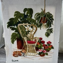 1970’s Antique Needlepoint Stitch Peacock Chair Plant 