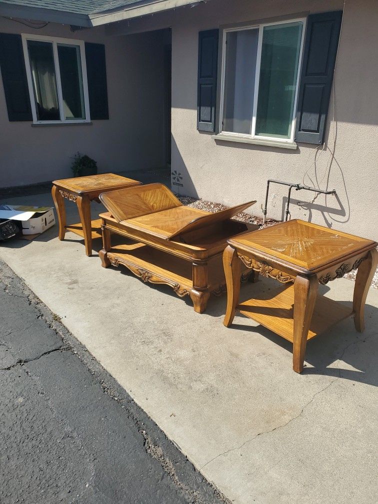 3pc Set Stylish Rustic Mexican End Tables With Lift Top Coffee Table