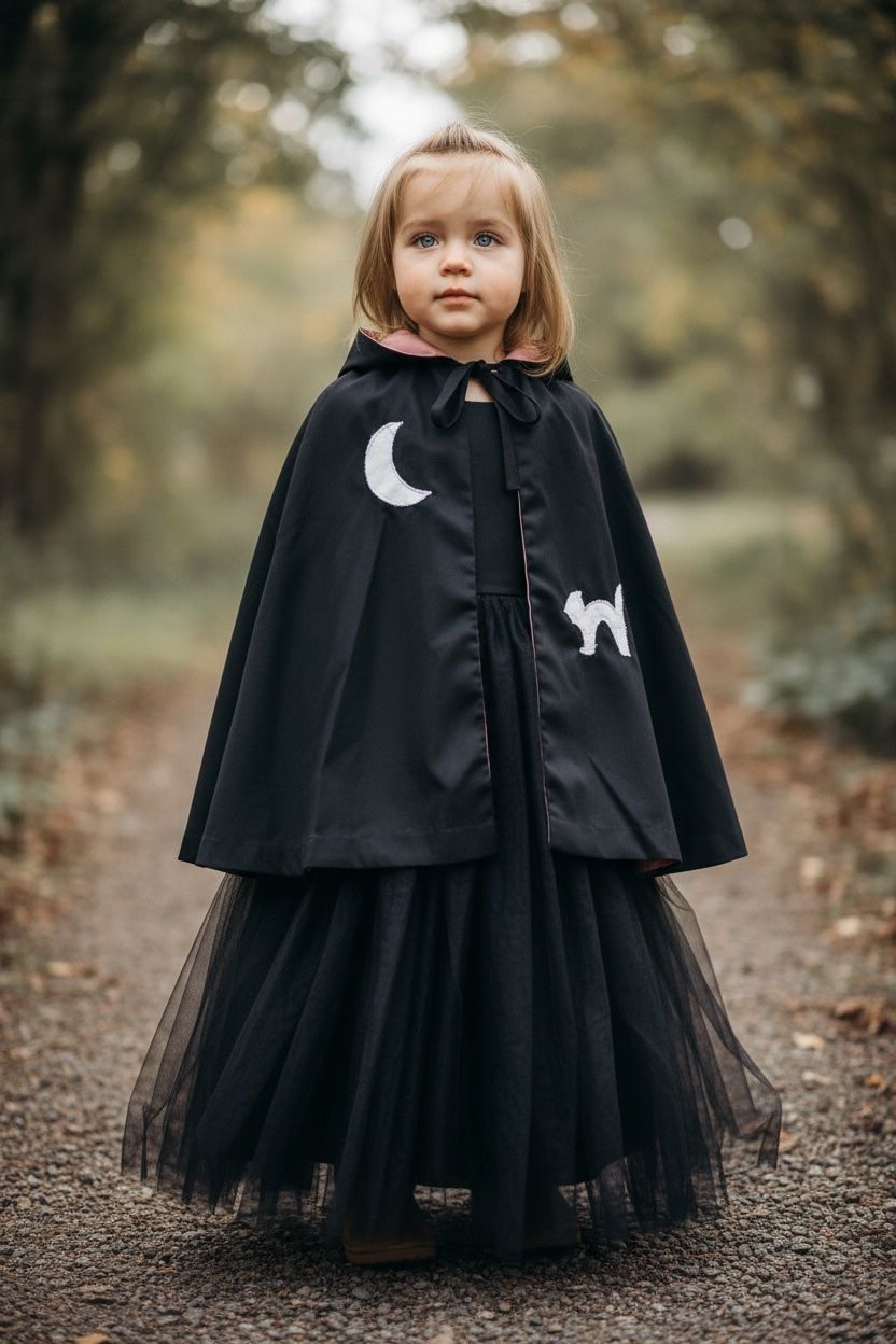 Vintage Witch Cape CLOAK Cat Moon Handmade Silk Lining Black Holiday Halloween Costume w/ Hood Kids