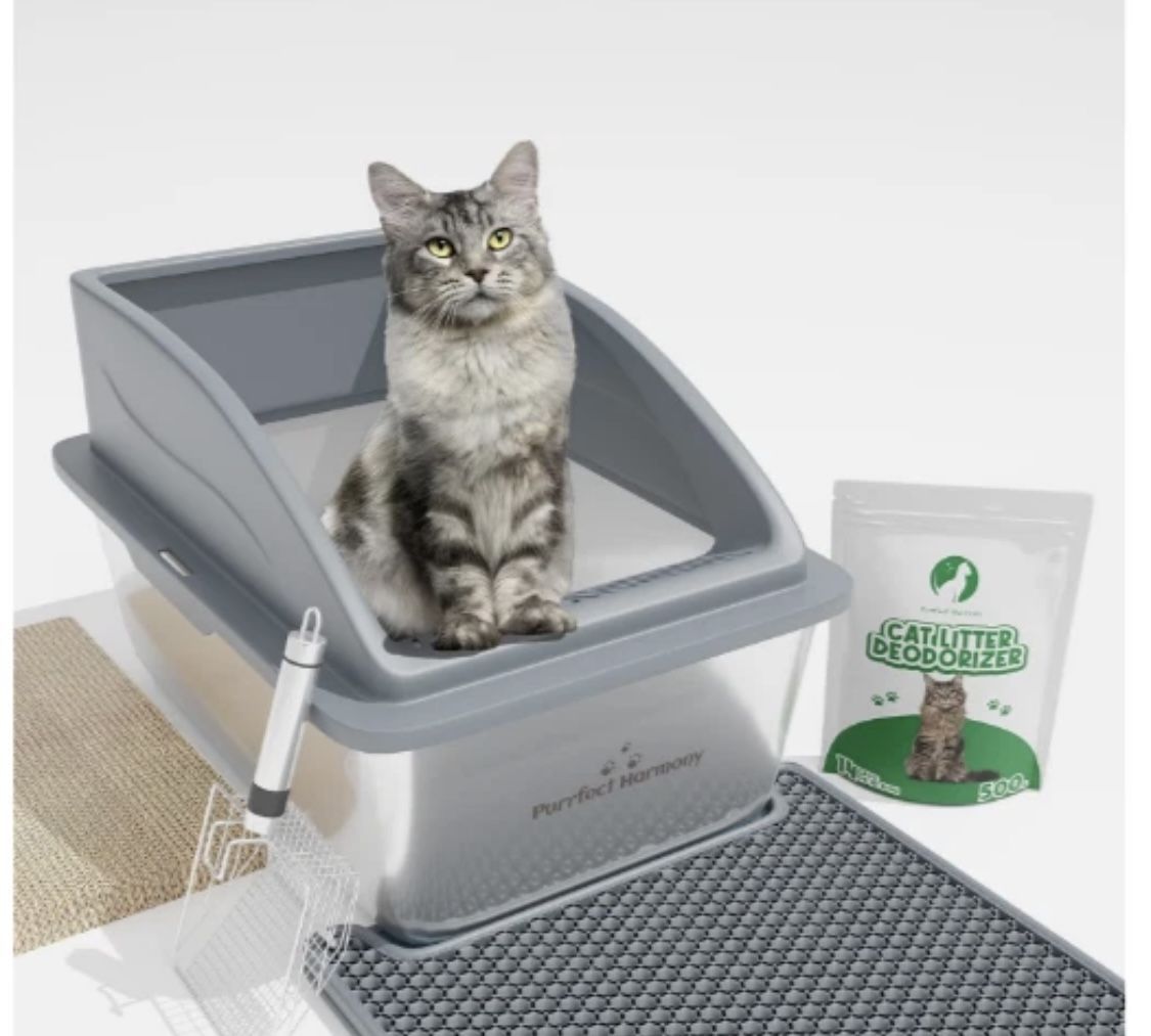 NEW Extra Large Stainless Steel Cat Litter Box with Lid, Scoop, Mat, Deodorizer & Bonus Scratching Post - Durable Metal Litter Box for XL/XXL Cats, Od