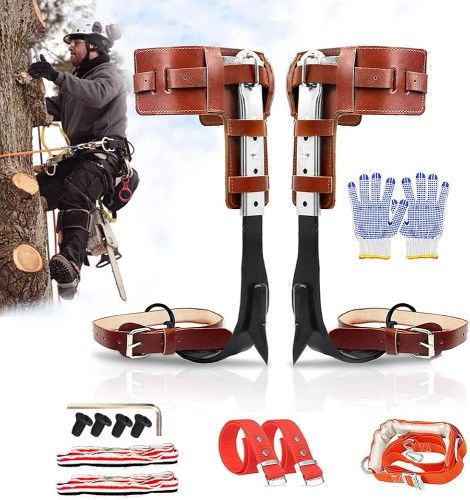Tree Climbing Spikes Set with Harness Belt, Upgrade Cow Leather Tree Climbing Spikes Height Adjustable Tree Climbing Gear Pole Forging Tree Climbing