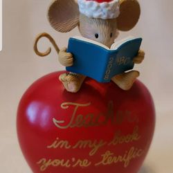 American Greetings Terrific Teacher Santa Mouse Reading Book Apple Ornament Box