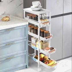 Slim Storage Cart, 5-Tier Narrow Rolling Kitchen Laundry Room Cart with Drawer and Wheels, Metal Utility Cart Slide Out Organizer for Small Spaces 