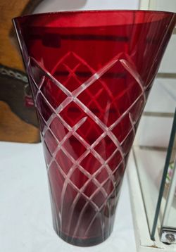 Ruby Red, Cut Crystal Vase 9"T, 6"D. PLEASE READ DESCRIPTION