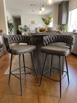 Modern Braided Swivel Bar Stools - Grey Faux Leather (Set of 2)