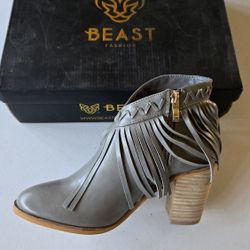 Grey Faux Leather Fringe Heel Boots