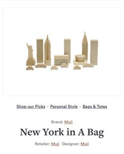 Muji MOMA New York Wooden Toy Blocks In Bag Vintage Guggenheim Statue Of Liberty Empire State Chrysler Buildings Taxis 