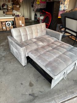 Gray Velvet Tufted Sleeper Sofa