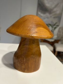 Title: Vintage Solid Wood Mushroom Decor – Carved Wooden Toadstool